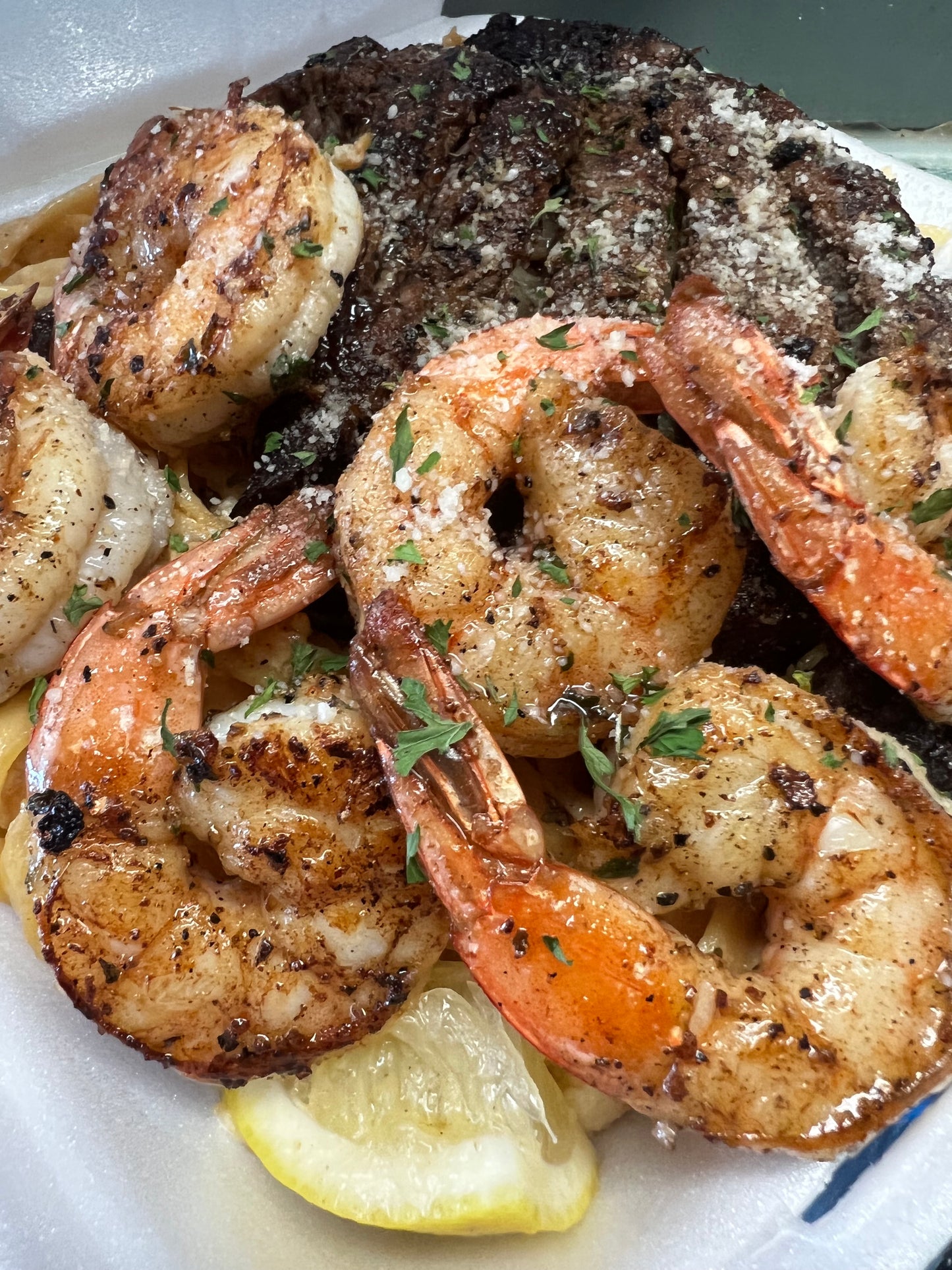 Ribeye and shrimp pasta