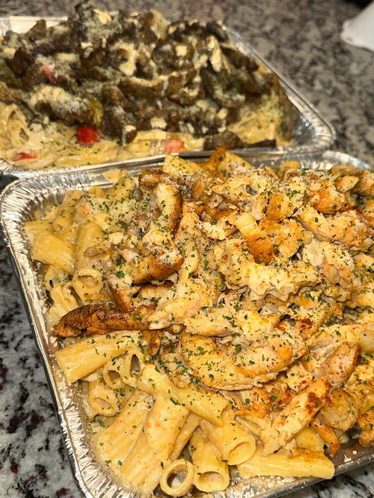 Cajun chicken pasta and fried rice pan